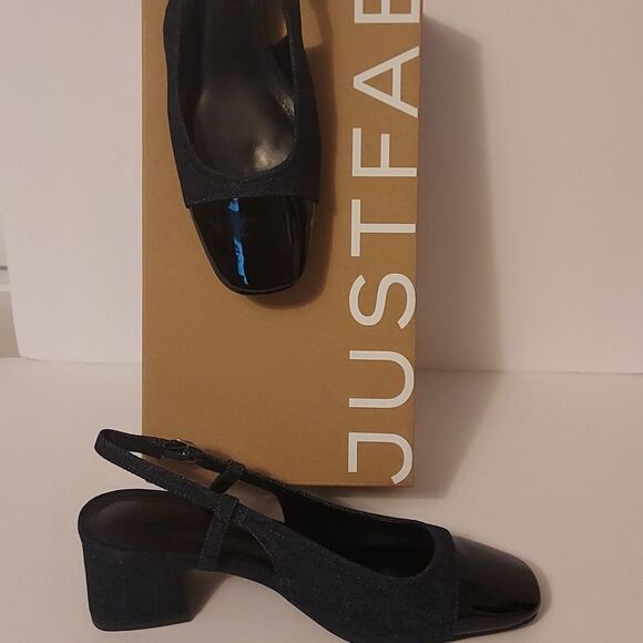 Spectator Pump Blue Denim and Black Patent Slingback block heel Size 7 - Picture 8 of 16
